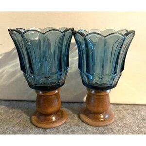 2 Vintage Smokey Blue Tulip Style Candle Holders, Wood Base  # 1853